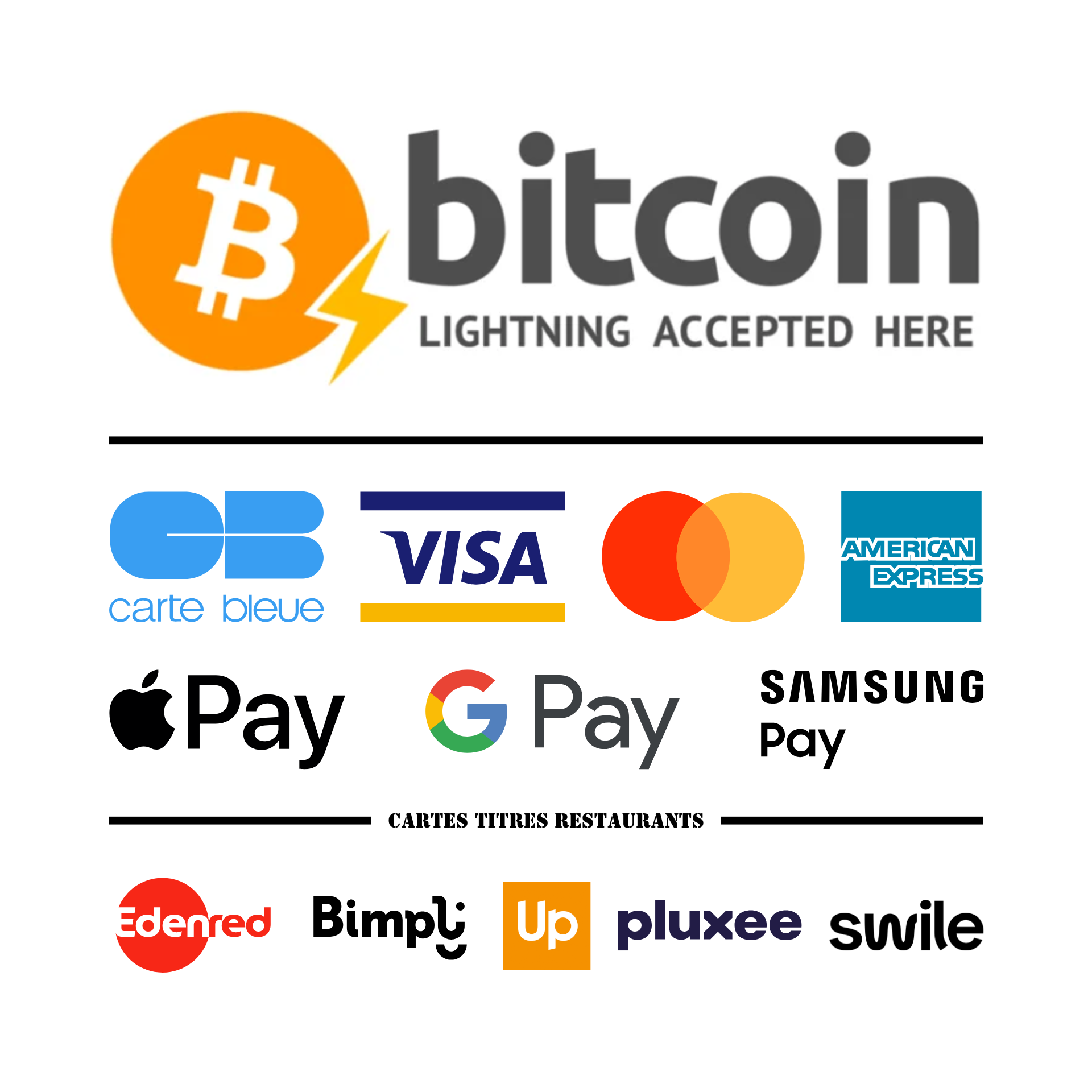 Moyens de paiements au Ar-Skewell, Bitcoin, Lightning Network, Carte Bleue, Visa, Mastercard, American Express, Apple Pay, Google Pay, Samsung Pay, Edenred, Bimpli, Up, Pluxee, Swile